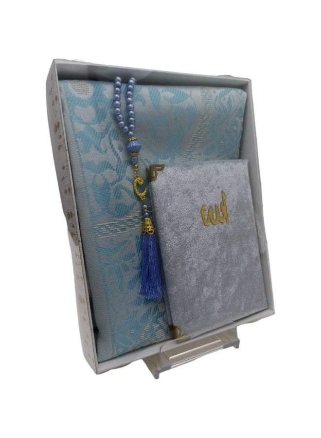 Dowry Gift Boxed Blue Prayer Rug Set Luxury Taffeta Prayer Rug with Pearl Tasbeeh Velvet Covered Yasin - Image 1